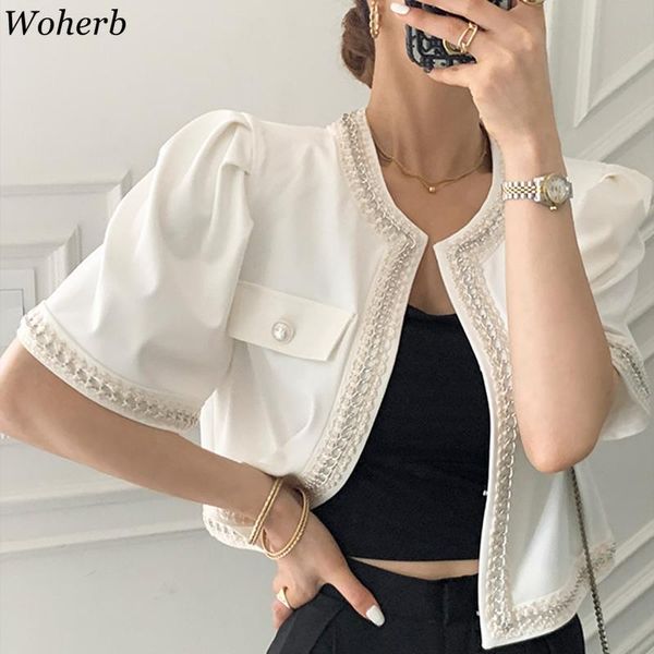 

women's jackets woherb women coat 2021 summer korean fashion temperament short cardigan jacket o neck lace crochet loose straight sweet, Black;brown