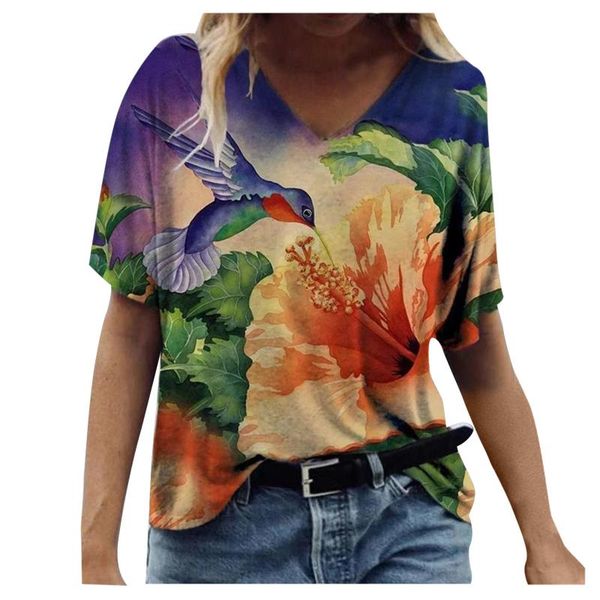 

women's t-shirt harajuku vintage floral print plus size t_shirts short sleeve v-neck casual summer casaul loose tee, White