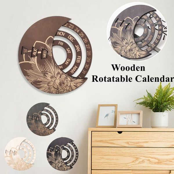 

wall clocks 2021 creative wooden round clock calendar, rotatable living room decoration
