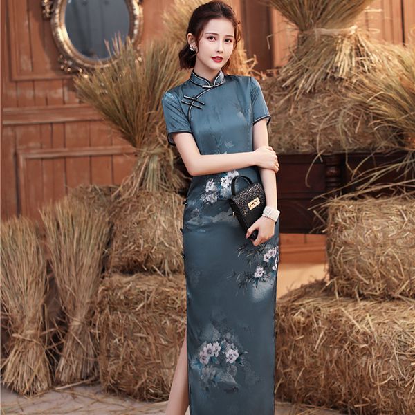 

summer novelty chinese style handmade button long cheongsam womens satin qipao slim party dresses vestido size -3xl, Red