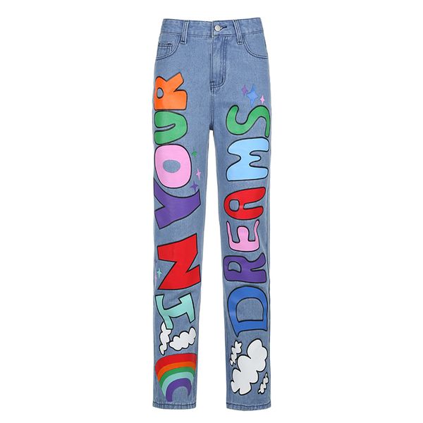 

2011weekeep letter print fashion streetwear jeans women high waist baggy vintage straight trousers leisure female cargo denim pants, Blue