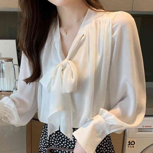 

long sleeve blouse women blusas mujer de moda v-neck white blouse women chiffon blouse shirt women clothing blusa e557 210602