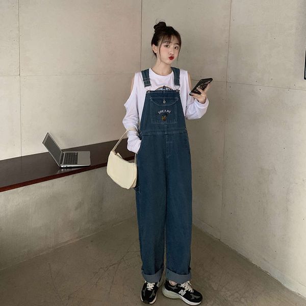 

denim suspenders tube wide leg pants loose autumn embroidered suspenders, Blue