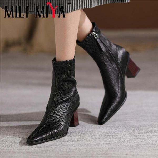 

boots mili-miya black stretch microfiber socks ankle zipper short women pointed toe chunky heels autumn party prom shoes