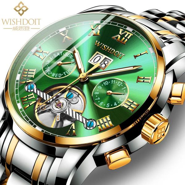 

wristwatches wishdoit green men's watch stainless steel waterproof automatic mechanical fashion clock, Slivery;brown
