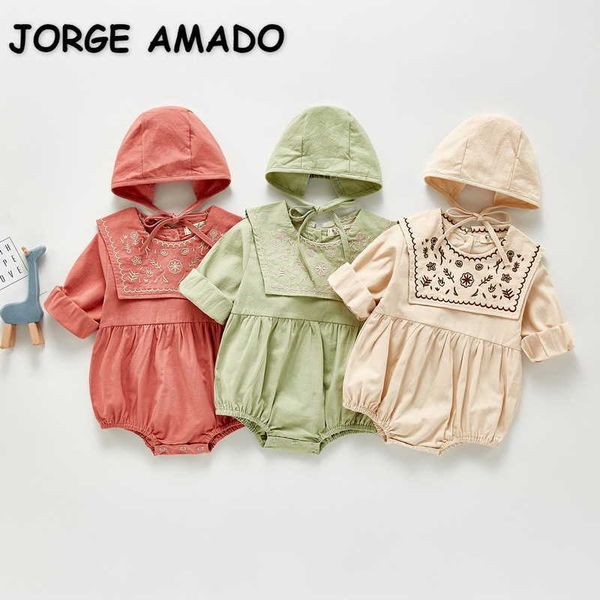 

spring baby girl bodysuit embroidery collar long sleeves jumpsuit with cap born sweet style kids clothes e01 210610, Blue