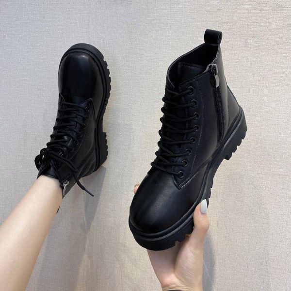 

boots black platform women winter leathe lace up ankle motorcycle thick heel high heels