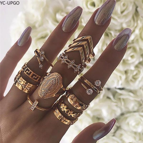 

cluster rings yc-upgo 2021 crystal geometric flower virgin mary leaves fashion ring vintage women wedding jewelry wholesale, Golden;silver