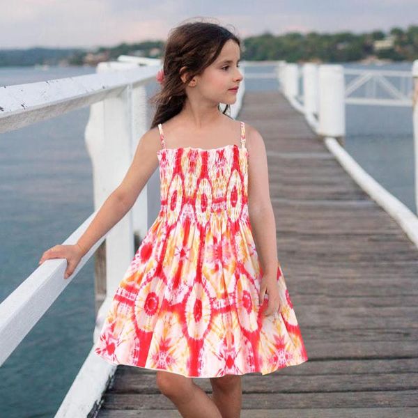 

girl's dresses 2021 summer for baby girls suspenders tie-dye print beach dress kids clothing 1-6 years old, Red;yellow