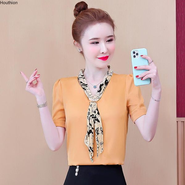 

women's blouses & shirts v-neck women blouse short sleeve satin loose print fashion shirt casual bow 10069, White
