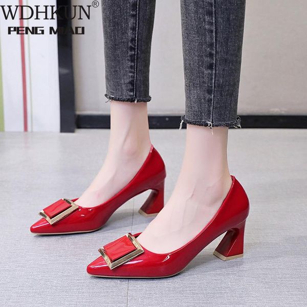 

square buckle fashion office shoes 2021 women's concise patent leather shallow high heels pointed toe women pumps dress, Black