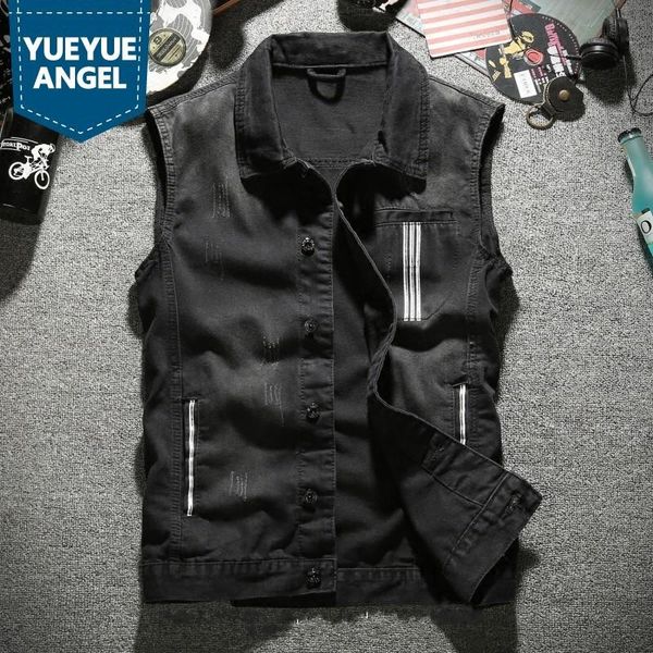 

korean thin slim fit vintage cowboy sleeveless waistcoats single breasted turn down collar fashion mens denim vests plus size men's, Black;white