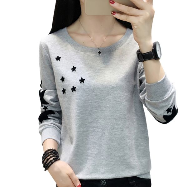 

women's knits & tees hoodie womens autumn korean embroidered stars fashion women sweatshirt plus size o-neck blouse long sleeve pu, White