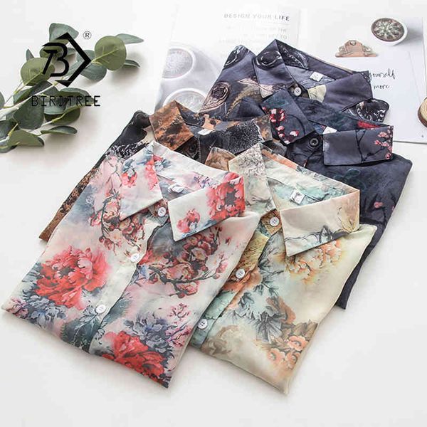 

new women vintage floral print transparent chiffon blouse full sleeve turn down collar sunscreen shirt casual summer t12723 210430, White