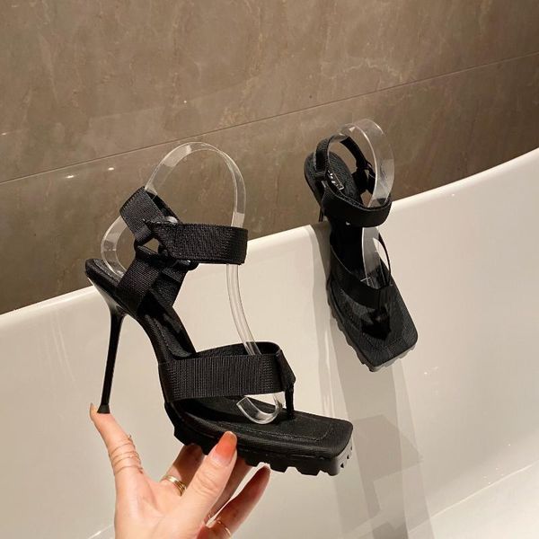 

est summer shoes woman thongs super high heels sandals nylon front&rear strap zapatos de mujer dress, Black