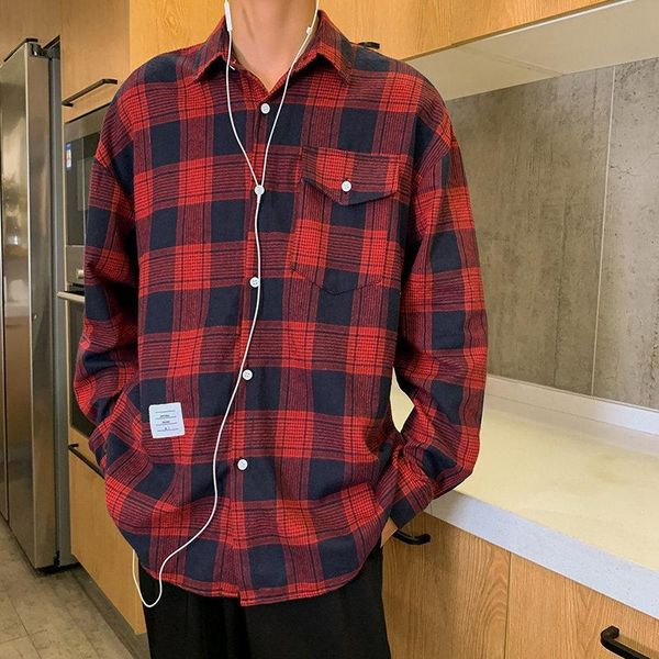 

men's casual shirts shirt men personality fashion harajuku japanese lapel long sleeve trend all-match lattice handsome loose labeling s, White;black