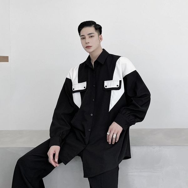 

men's casual shirts men black white splice casual loose long sleeve shirt male streetwear fashion hip hop dress shirts txc1, White;black