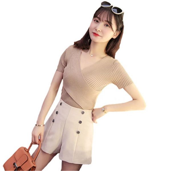 

women's sweaters 2021 slim v-collar blouse careful machine ice short sleeve knitted sweater pz1773, White;black