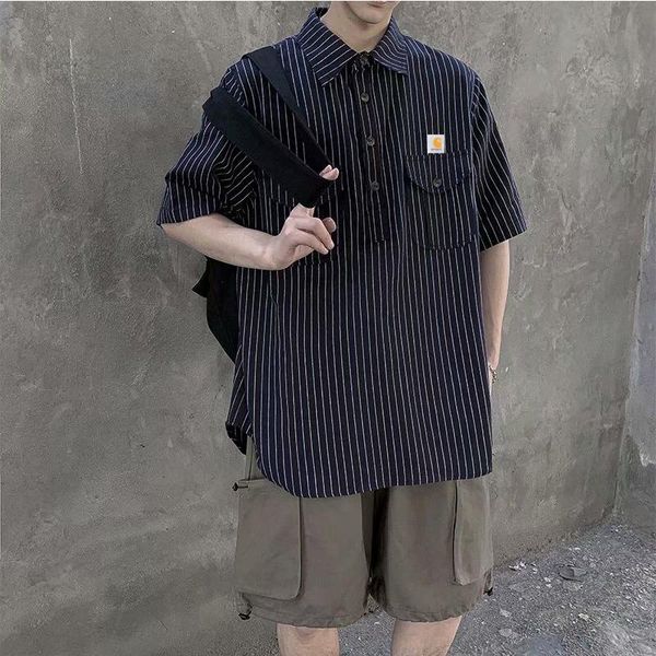 

men's casual shirts 2021 summer shirts, and women's single-breasted lapel striped short-sleeved brand clothing, White;black