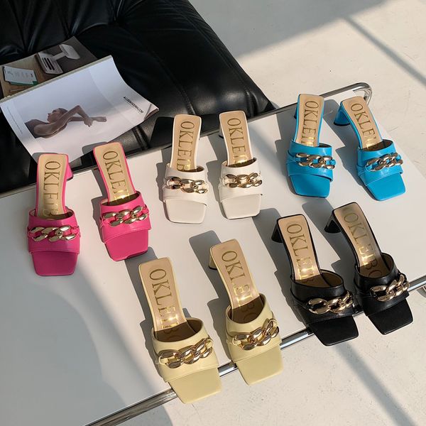 

slippers square toe women sandals metal chain thick high heels summer slides flip flops pumps blue/black ladies flop 21uj