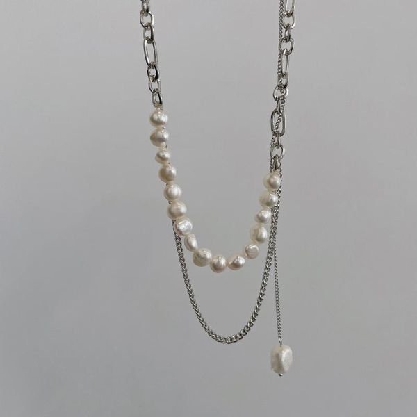 

pendant necklaces korean fashion trend, personality design, special-shaped pearl necklace ins net red metal chain splicing clavicle, Silver