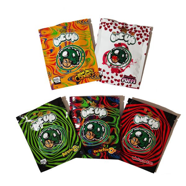 

one up 600mg medicated mylar bags sour brite crawlers apple watermelon peachie strawberry smell proof edibles candy gummies packaging