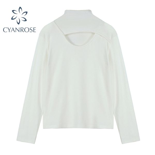 

long sleeve loose tees hollow out solid stylish korean casual streetwear t shirt female harajuku elegant stand collar 210430, White