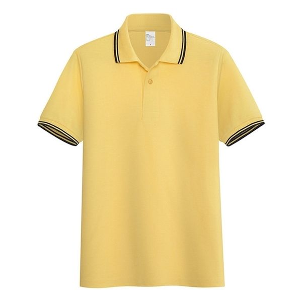 AOLIWEN uomo estate giallo 65% cotone due righe polo polo tinta unita manica corta casual business sport camicia attillata 210401