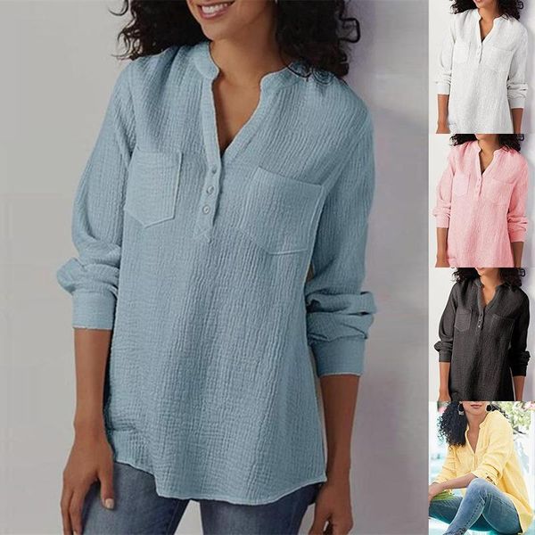 

women's blouses & shirts 2021 autumn winter solid color v-neck pocket button long-sleeved chiffon anti-cotton and linen loose plus size, White