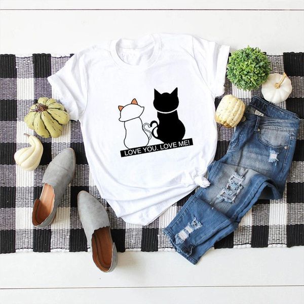 

cute cat print female mens o neck short sleeved summer harajuku graphic casual, White;black