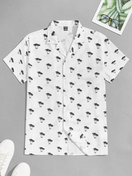 

men allover coconut tree print lapel collar shirt a9ju#, White;black