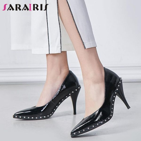

dress shoes sarairis pointed toe rivet high heels slip on pumps women solid office ladies, Black