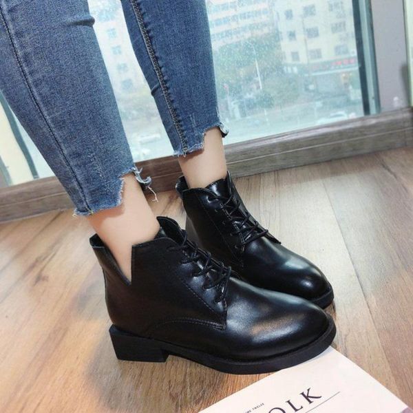 

boots retro thick-heel lace-up short women's shoes british style ins women, Black