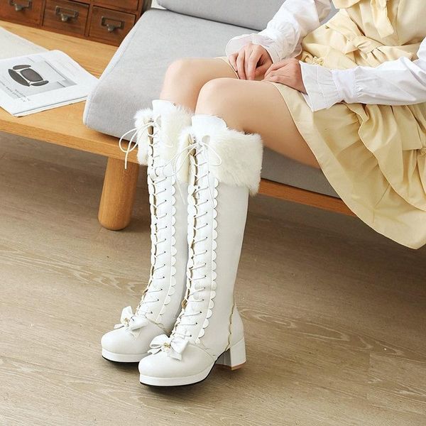

boots sweet female student bow pink thick heel fur knight, Black