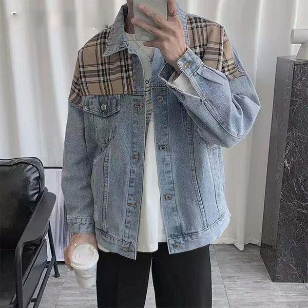 

denim jacket men's spring and autumn korean style loose casual all-match plaid stitching fashion trend jackets, Black;brown