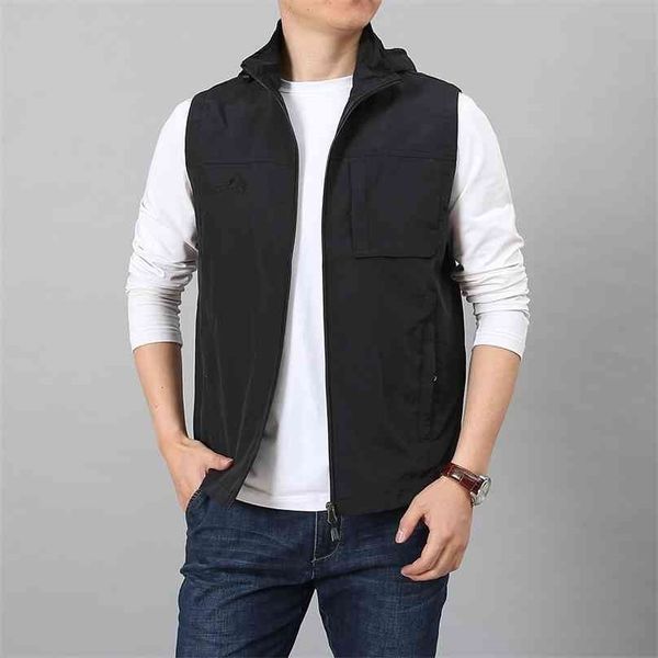 

male casual summer big size 7xl sleeveless vest men multi pocket outdoor travel pograph waistcoat fishing vests with cap 210925, Black;white