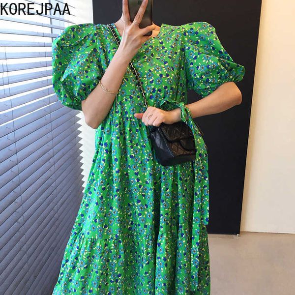 

korejpaa women dress korean fashion chic summer green flower square neck lace up waist loose ruffle dresses long vestido 210526, Black;gray