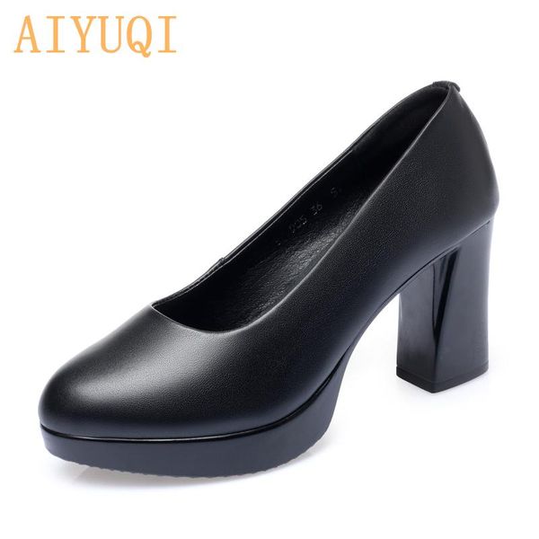 

dress shoes aiyuqi high heel women 2021 spring genuine leather fashion large size thick, Black