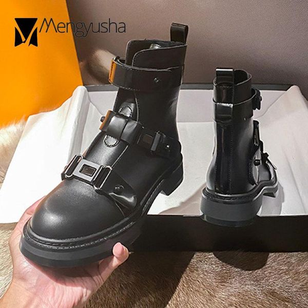 

boots british short botas three buckle strap hook&loop riding women plush winter shoes thick heels knight botte plus size 34-43, Black