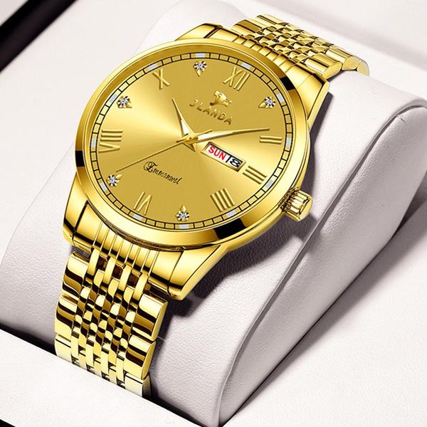 

wristwatches jlanda men's watch waterproof date luminous gold full steel clock men quartz watches casual sports, Slivery;brown