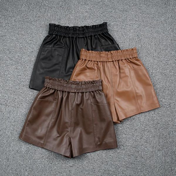 

women's shorts autumn sheepskin chic genuine leather elastic waist wide-leg c772, White;black