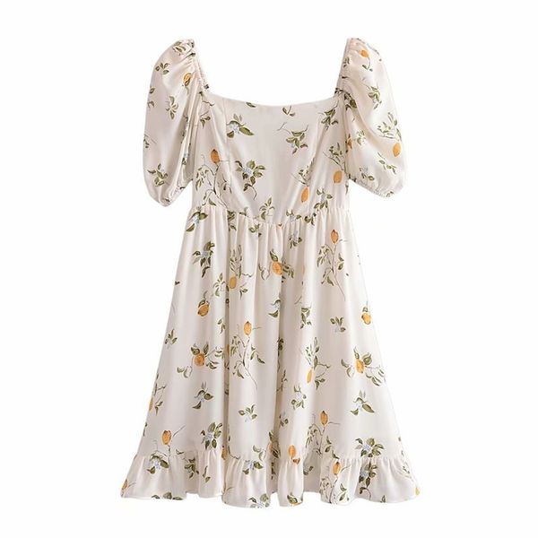 

summer women lemon print chiffon dress square neck puff sleeve a-line holiday female prairie chic short robe 210514, Black;gray
