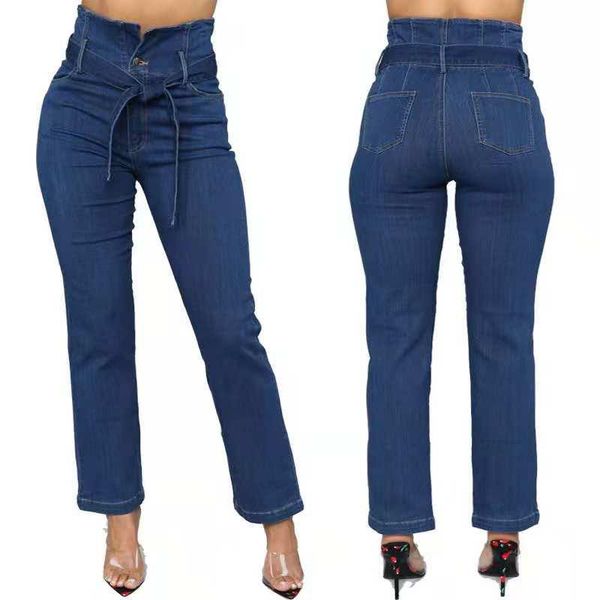 

women's jeans ripped hole fashion women high waist wide leg denim pants elastic stretch embroidery loose fit, Blue