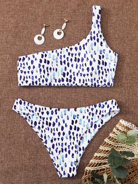

allover graphic one shoulder bikini swimsuit m6ck#, White;black