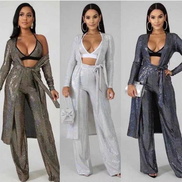 

women's two piece pants glitter sequin patchwork 3 club outfits women halter crop and wide leg trouser full sleeve cardigan matching se, White