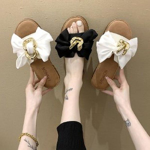 

slippers women fashion women's 2021 open toe casual shoes comfortable flat flip flops beach bow, Black