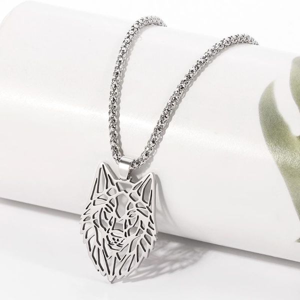

pendant necklaces wolf animal necklace 316l stainless steel forest animals men hollow cut out jewelry gift for women, Silver