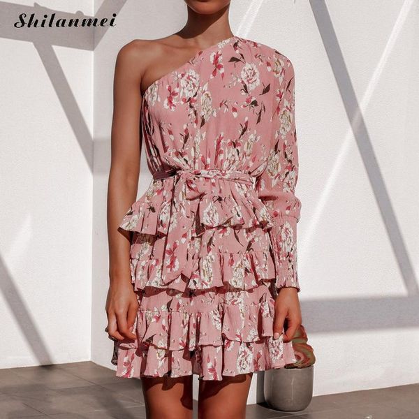 

casual dresses 2021 summer one shoulder mini womens vintage floral print ruffles decoration bohomian beach female, Black;gray