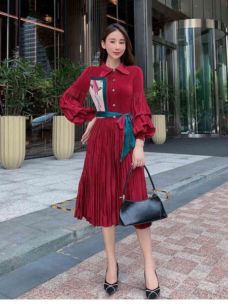 

miyake fashion lantern printing collar fold dress stock, Black;gray