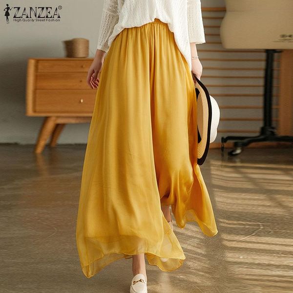 

women's pants & capris 2021 women chffion zanzea summer elegant wide leg casual solid elastic wasit lady loose pantalon plus size 5xl, Black;white